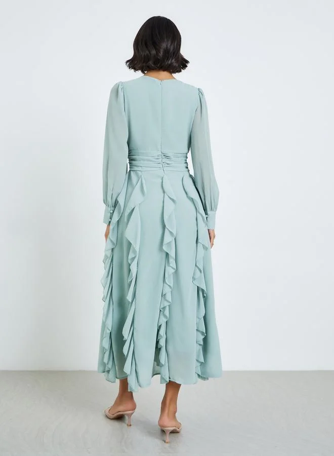 Styli  Women Green Ruffle Detail A-Line Midi Dress for Women | Best Price UAE